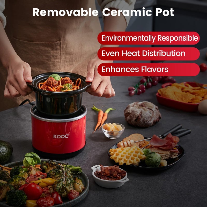 KOOC Small Slow Cooker, 0.65 Quart, Free Liners Included, Upgraded Ceramic Pot, Nutrient Loss Reduction, Sauces, Stews & Dips, Stainless Steel, Red, Round - Image 4